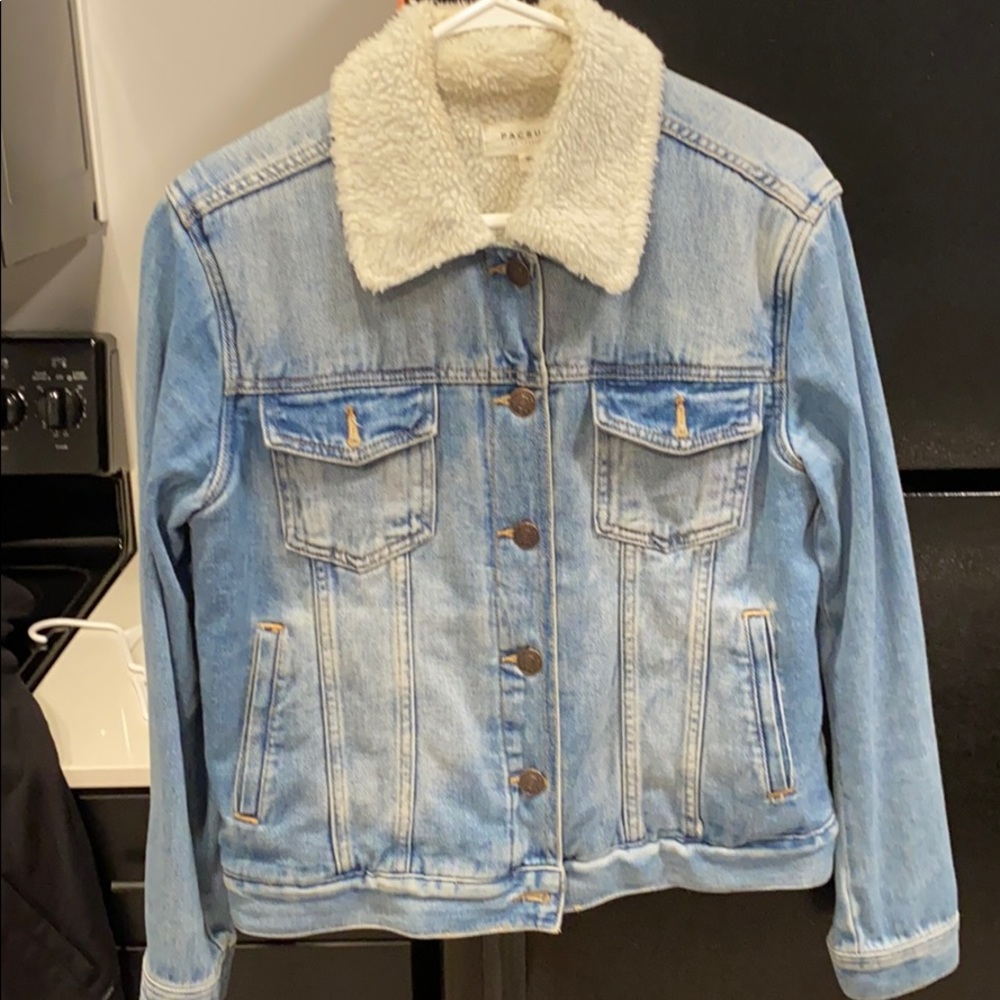Fur lined light wash jean jacket